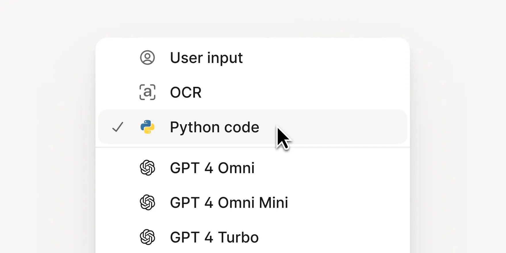 Python code selected in menu