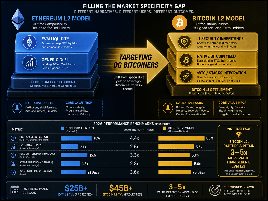 Architectural comparison chart between Ethereum and Bitcoin L2 advertising narratives highlighting native BTC yield and L1 security inheritance.