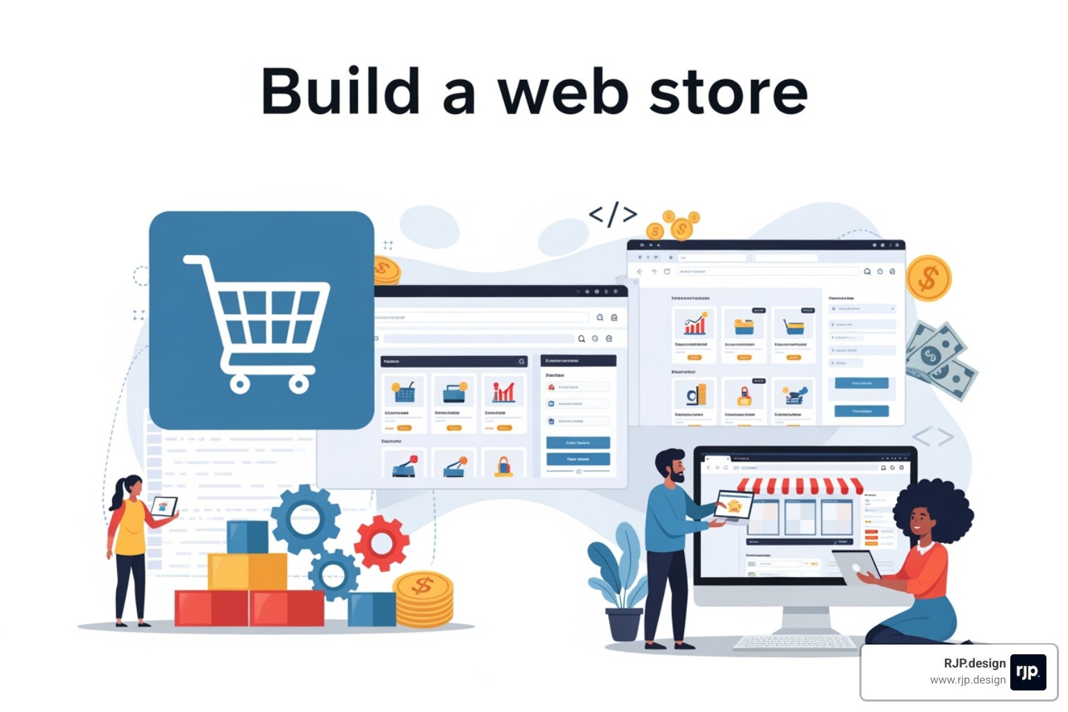 A creative workspace showing a clean desk with a laptop, tablet, and several hand-drawn web design wireframes scattered around, symbolizing the planning phase of a web store - build a web store
