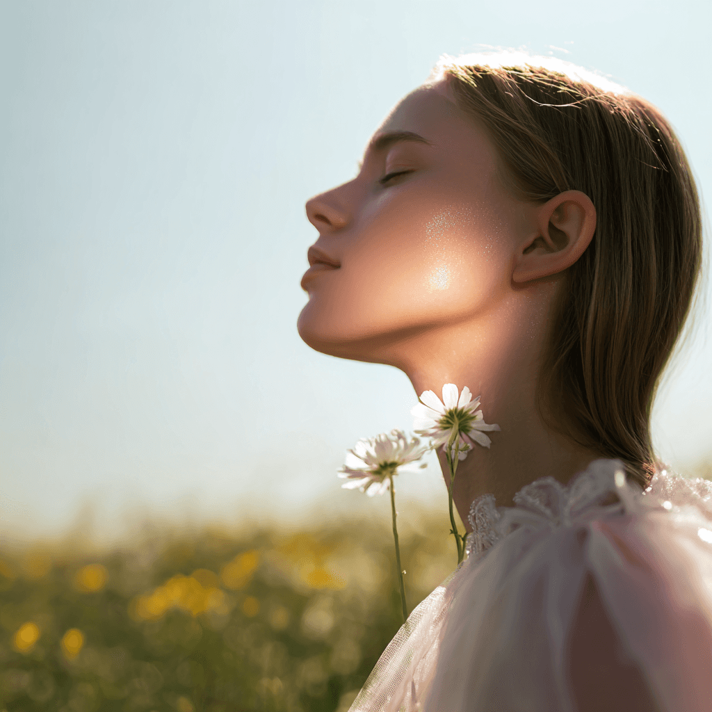 Women standing with flower in green field portrait