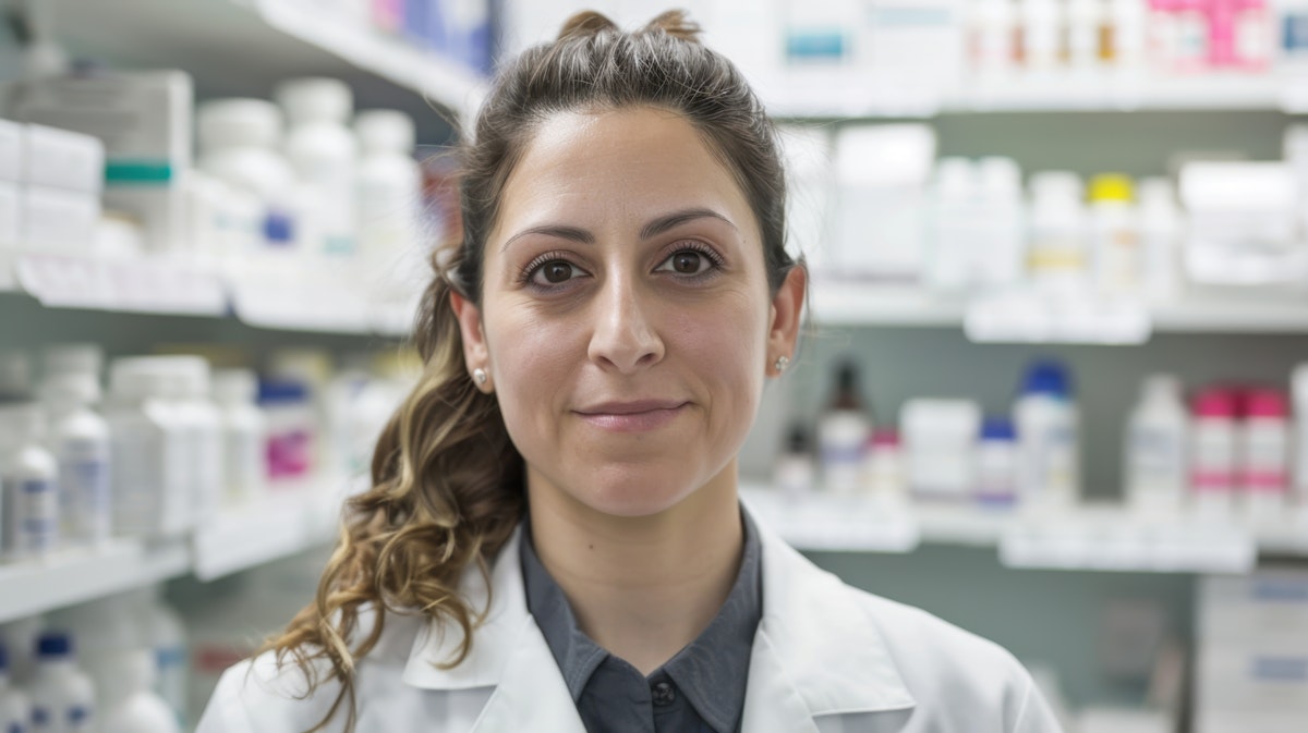 Femme scientifique en blouse blanche posant dans un laboratoire, représentant l'expertise en recherche, innovation pharmaceutique et sciences de la vie