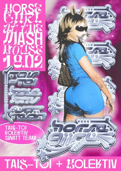 Bright pink poster featuring a woman in a blue outfit with metallic silver typography across the layout.