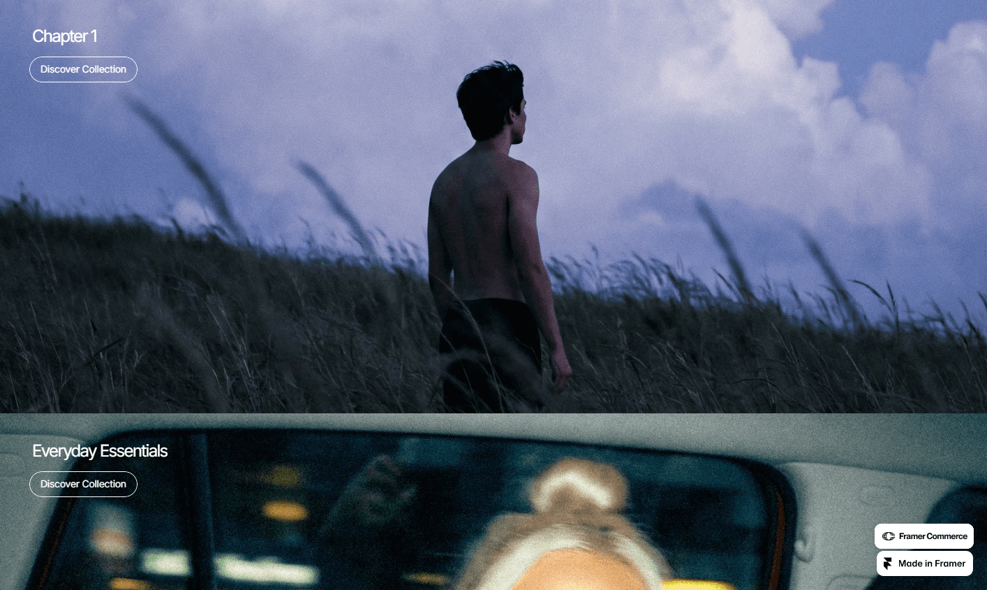 Hero video section showing a person standing in a sunlit grassy field.