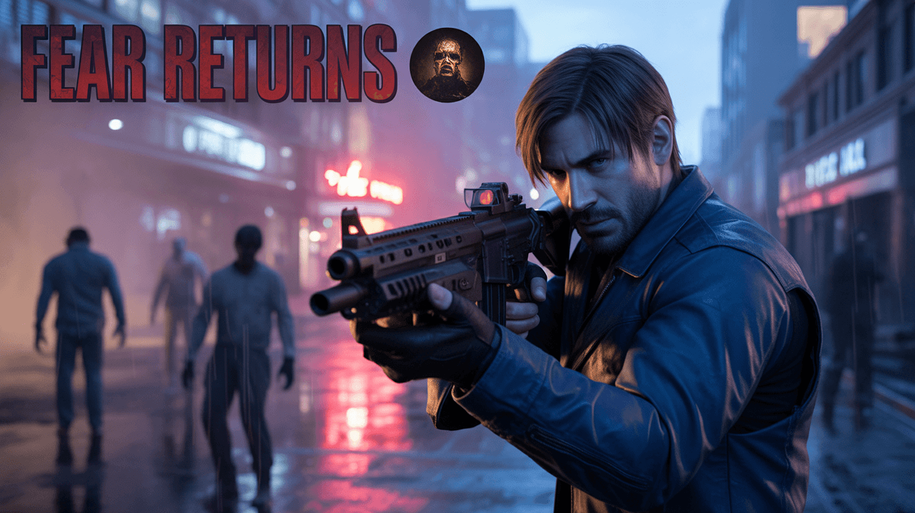 Leon Kennedy aiming in rainy Raccoon City with zombies and Fear Returns headline