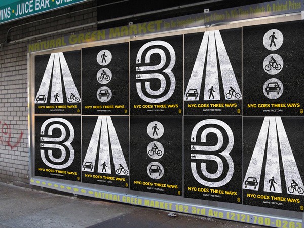 A mural on a brick wall depicts nine black and white pedestrian and bicycle symbols arranged in a grid. Each symbol is labeled “NYC GOES THREE WAYS” with corresponding icons: a car, bicycle, person walking, person riding a bicycle, person walking, person riding a bicycle, person walking, person riding a bicycle, person walking, and a car. The mural is titled “NATURAL GREEN MARKET” and is located at 162 3rd Ave.