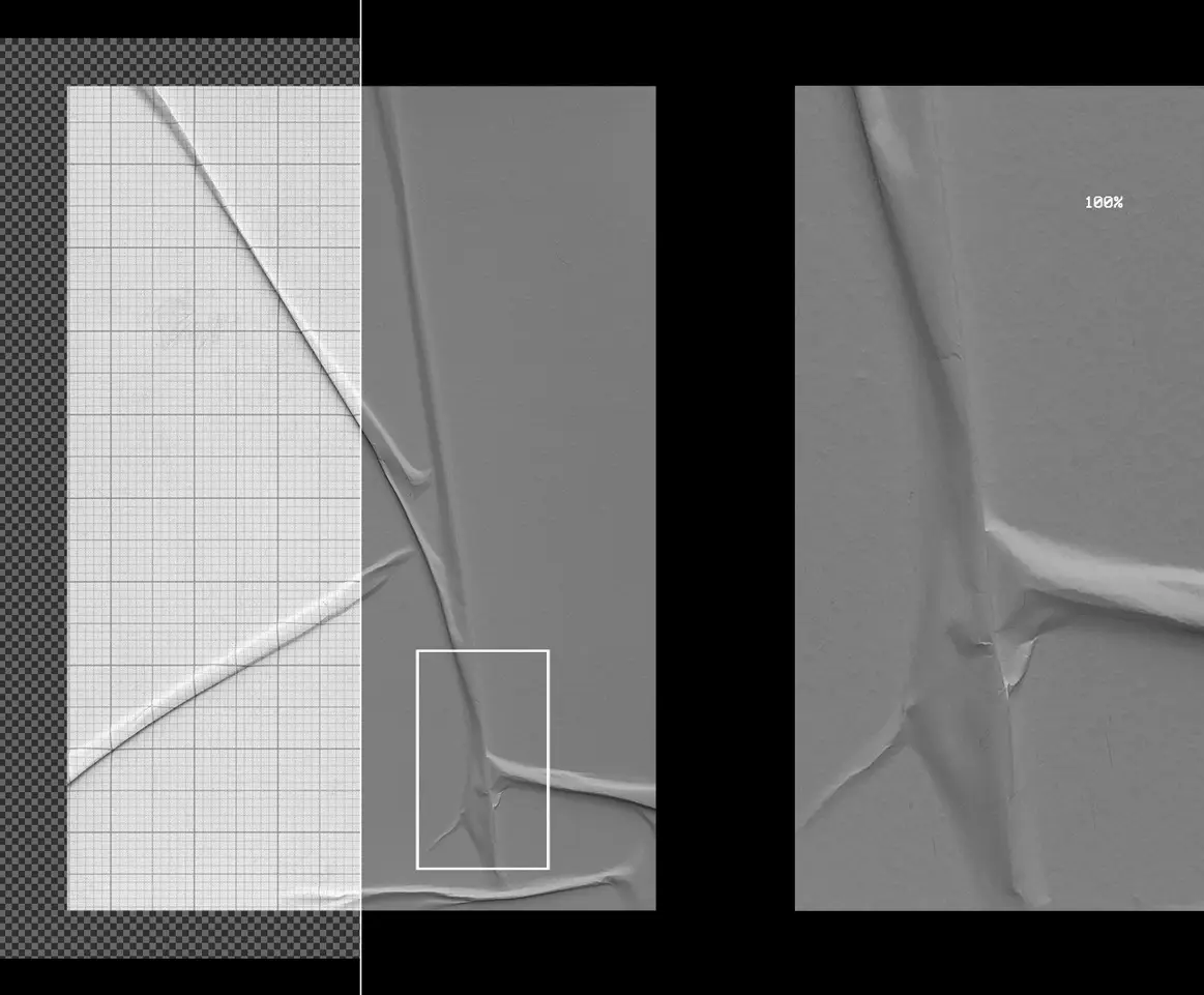 Macro detail of the Glued A2 Poster Mockup showing high resolution paper creases and transparent grid comparison