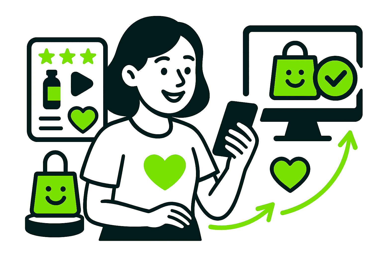 UGC in e-commerce visual showing how customer reviews and product videos increase buyer trust.