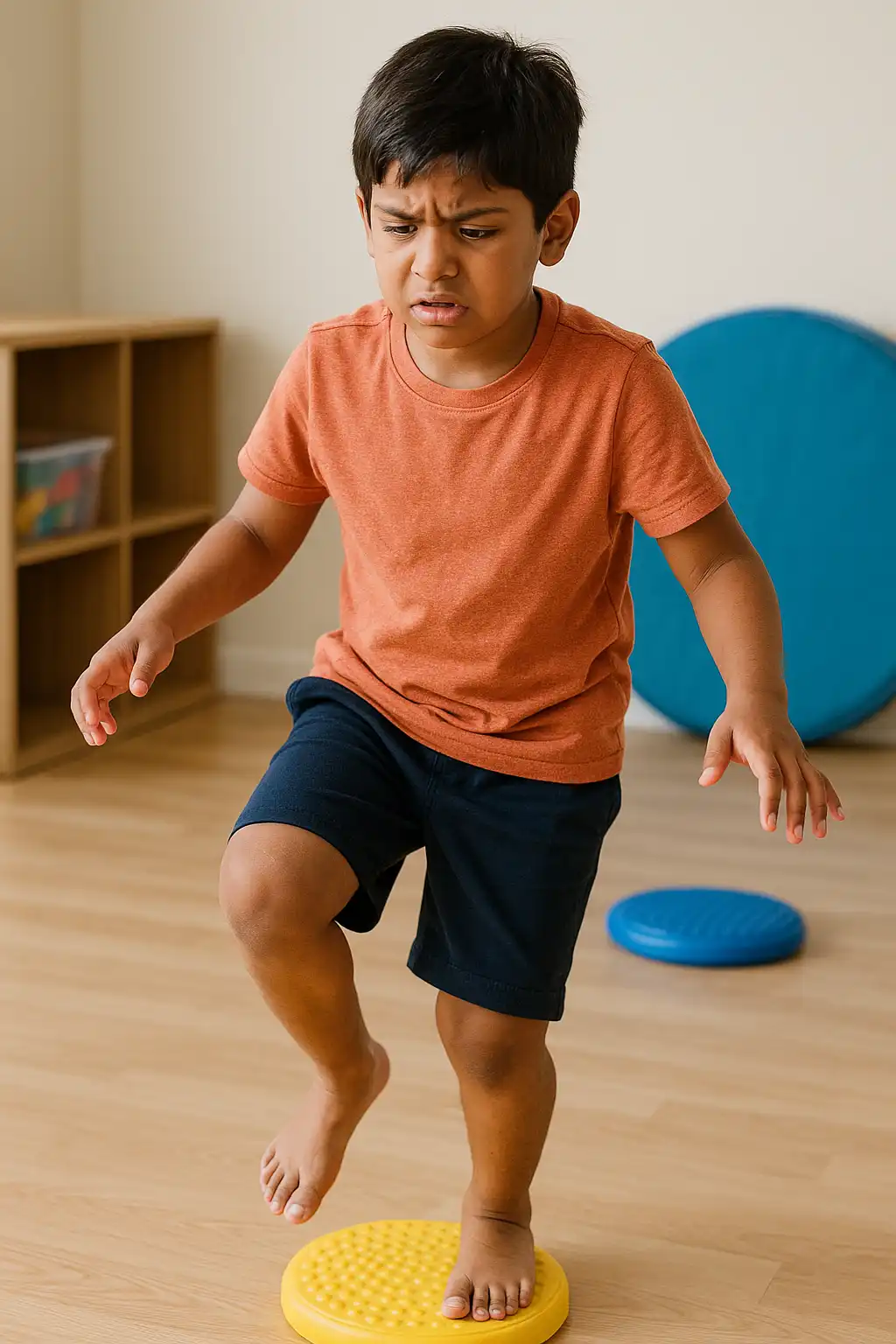 Child practicing balance and coordination exercises on a sensory balance disc during pediatric physiotherapy.