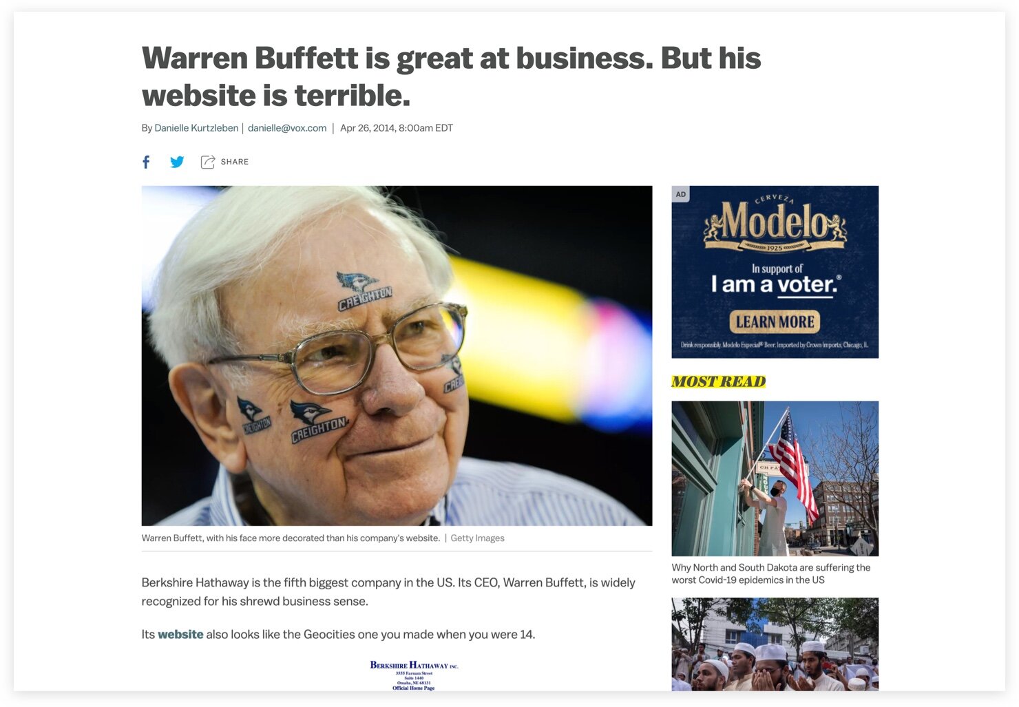 Vox article Warren Buffett is great at business but his website is terrible