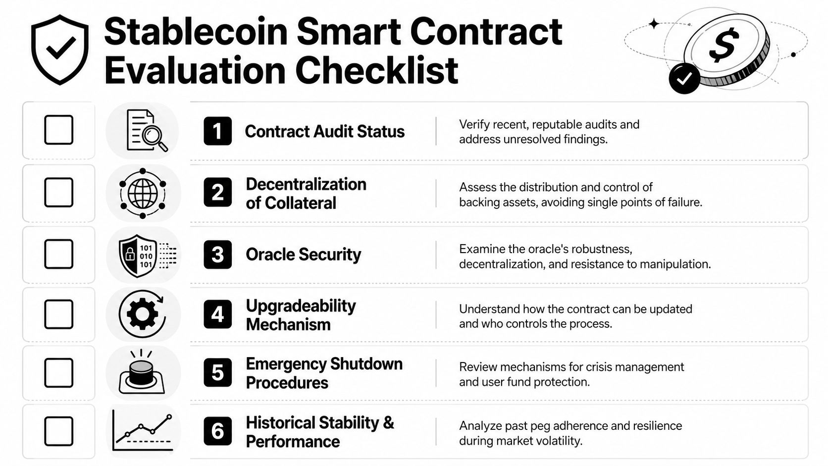 A six-point checklist graphic for evaluating the security and reliability of stablecoin smart contracts.