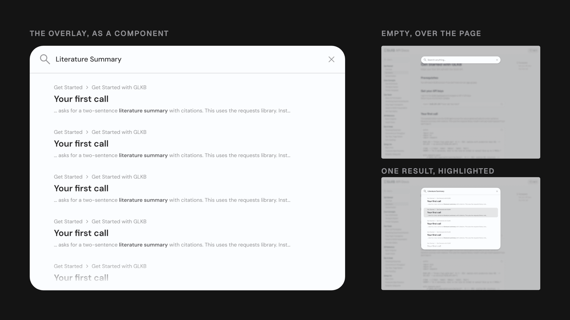 The GLKB documentation search overlay shown as a component and then set over the dimmed page, with each result carrying three lines: the sidebar path, the page title, and the sentence the term was found in with the term bolded.