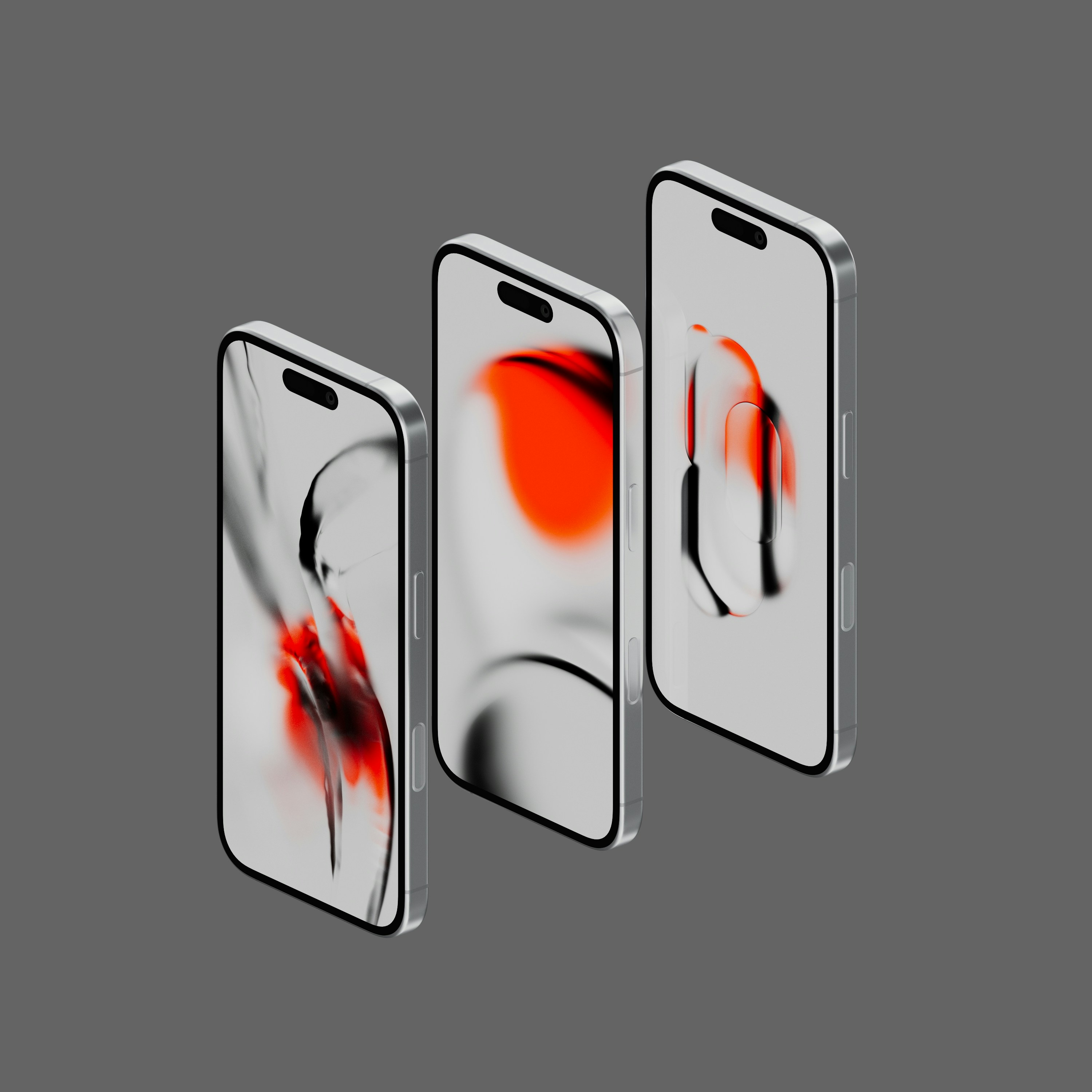 Three smartphones displaying abstract art.
