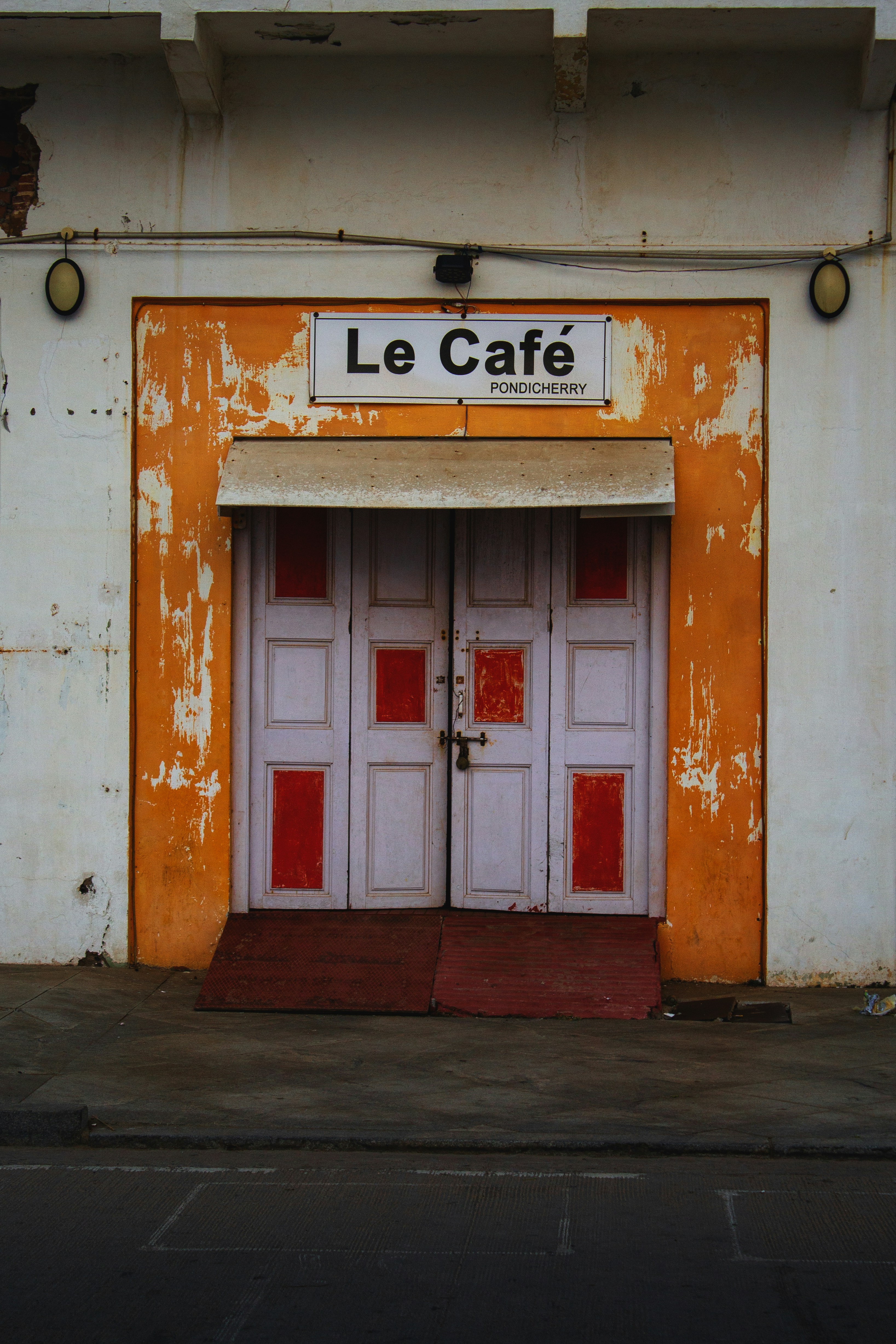 red and white wooden door