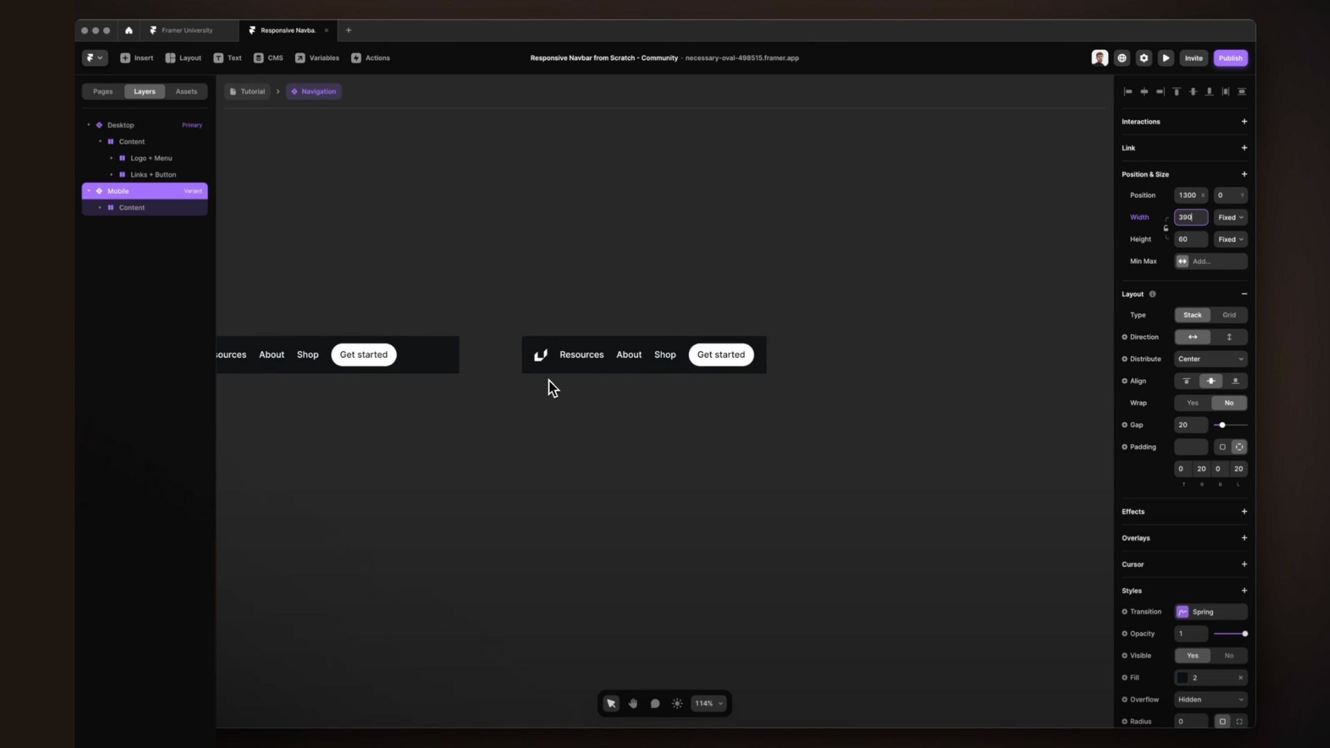 Design interface showing a responsive navigation bar setup for a website with menu items including Resources, About, Shop, and Get Started, configured within a dark-themed design tool