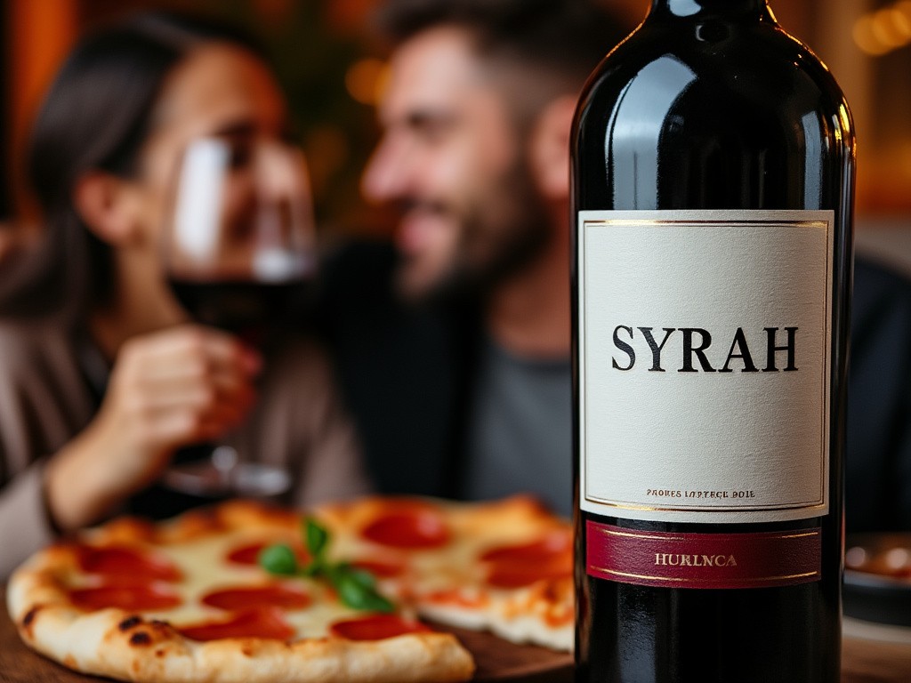 Couple enjoying Syrah wine with pepperoni pizza, engaging in a cozy dinner together.