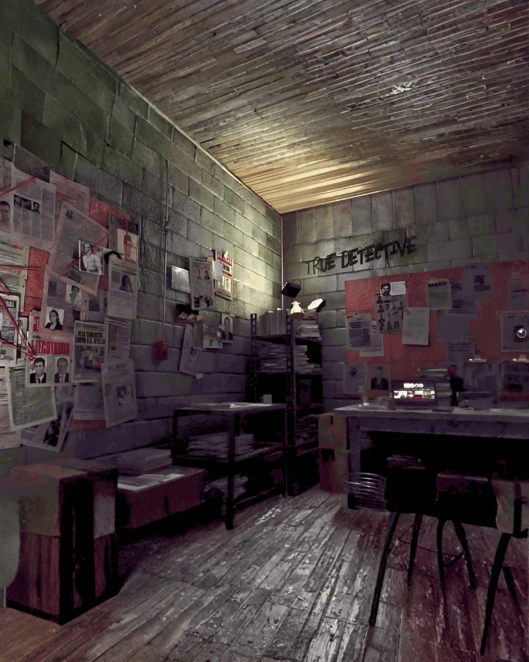 Gritty true detective's office filled with case files and evidence.