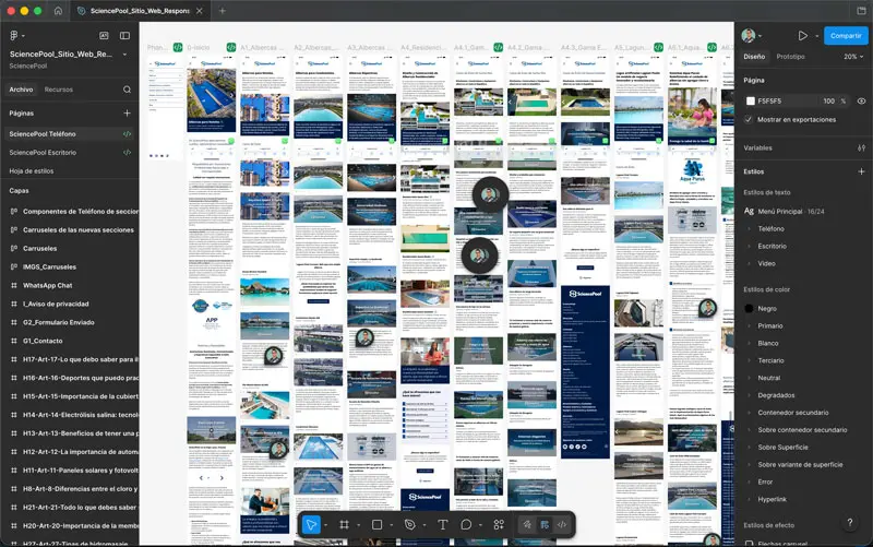 Captura de interfaz en Figma que presenta la organización de maquetas y prototipos de alta fidelidad, demostrando una estructura de diseño clara y profesional para el desarrollo del producto.