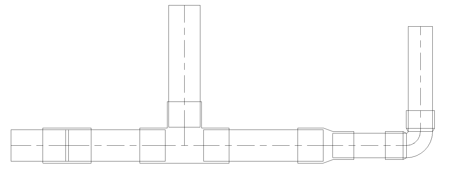 Wireframe plan view of NIBCO system showing pipe ends inside of fitting sockets.
