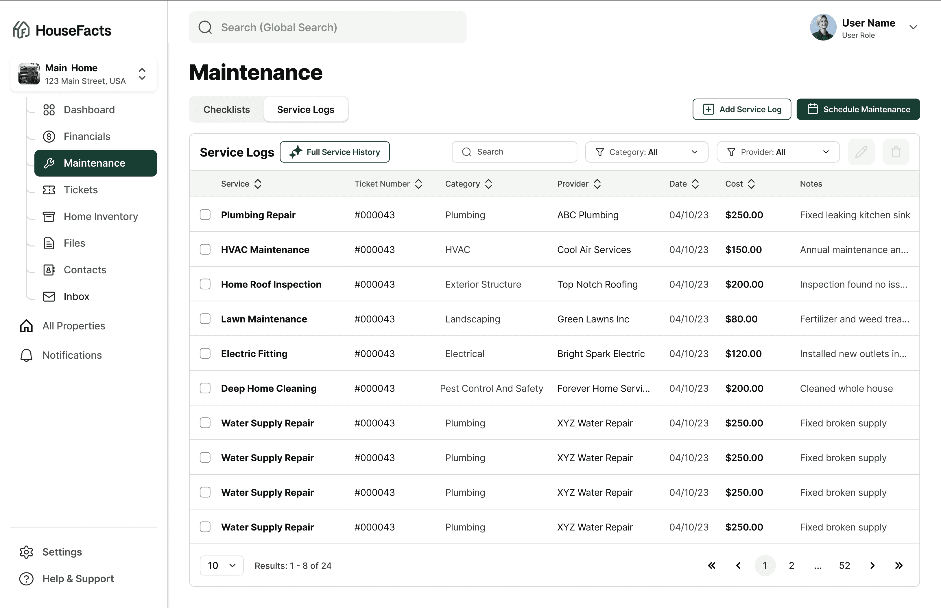 Page allowing users to generate a service history of the home