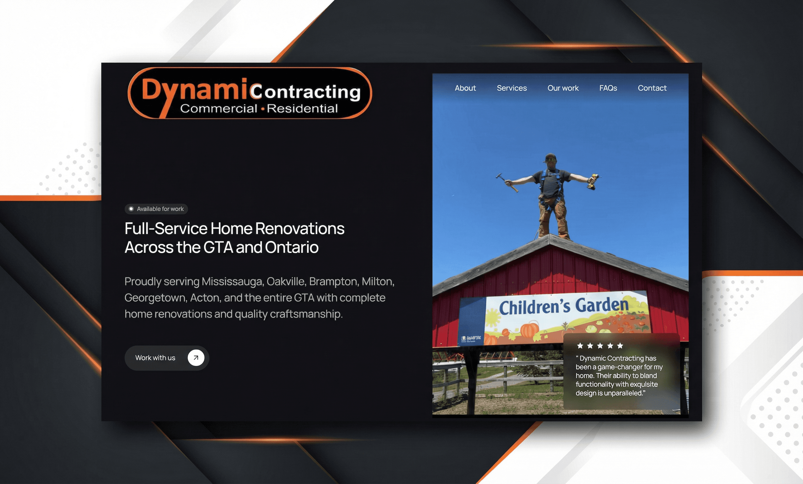 Halton Hills web designer portfolio - contractor homepage hero section by DAWebDesigns