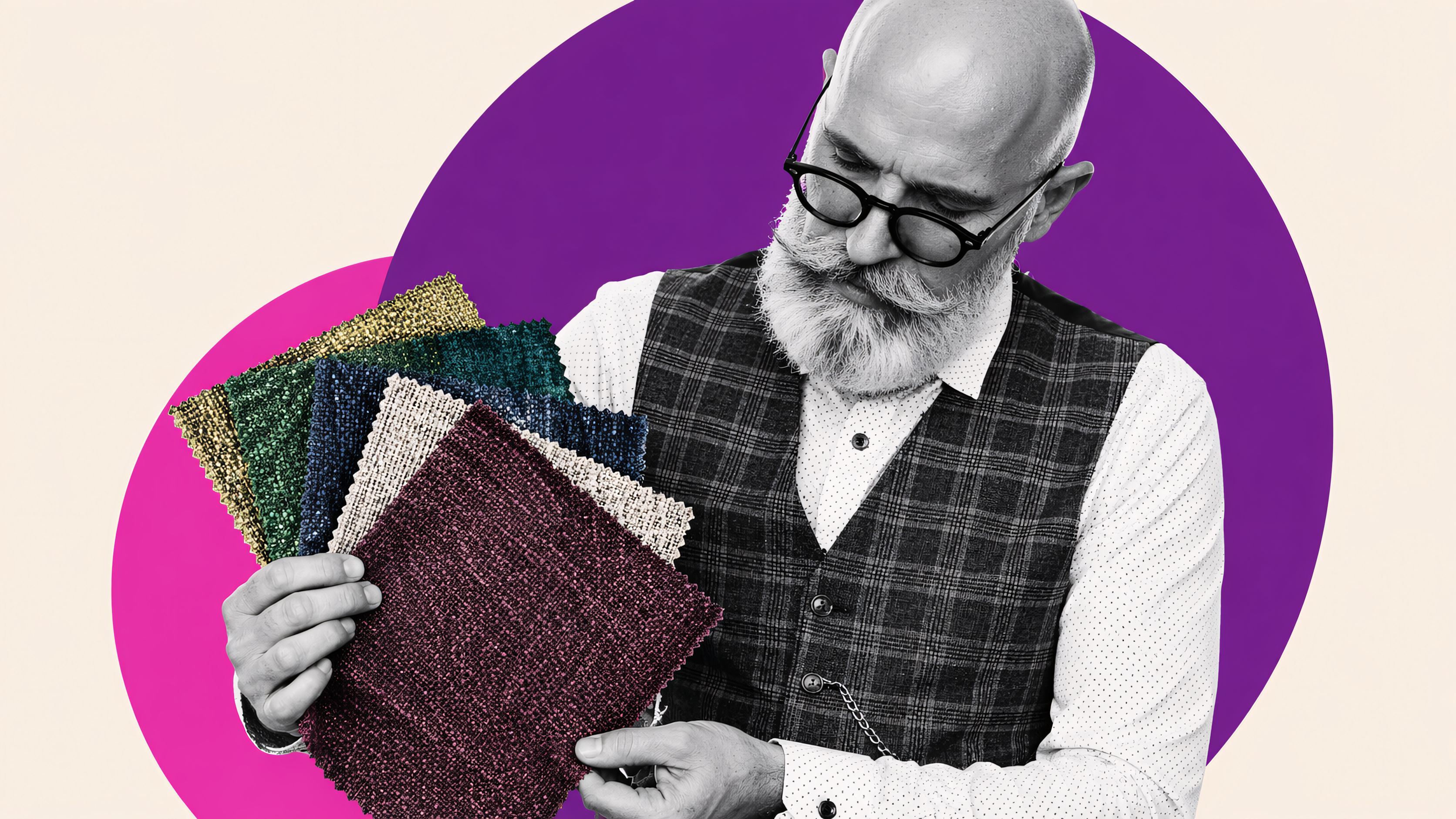 FF&E specification management hospitality design concept showing interior designer reviewing luxury fabric swatches in editorial collage style with bold purple and pink geometric background