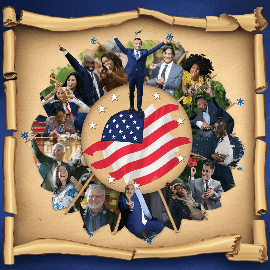 A symbolic journey map of the USCIS citizenship process on a parchment-like background, featuring milestones from application to naturalization ceremony, highlighted by diverse individuals celebrating their new citizenship, reflecting the achievement and diversity of America.