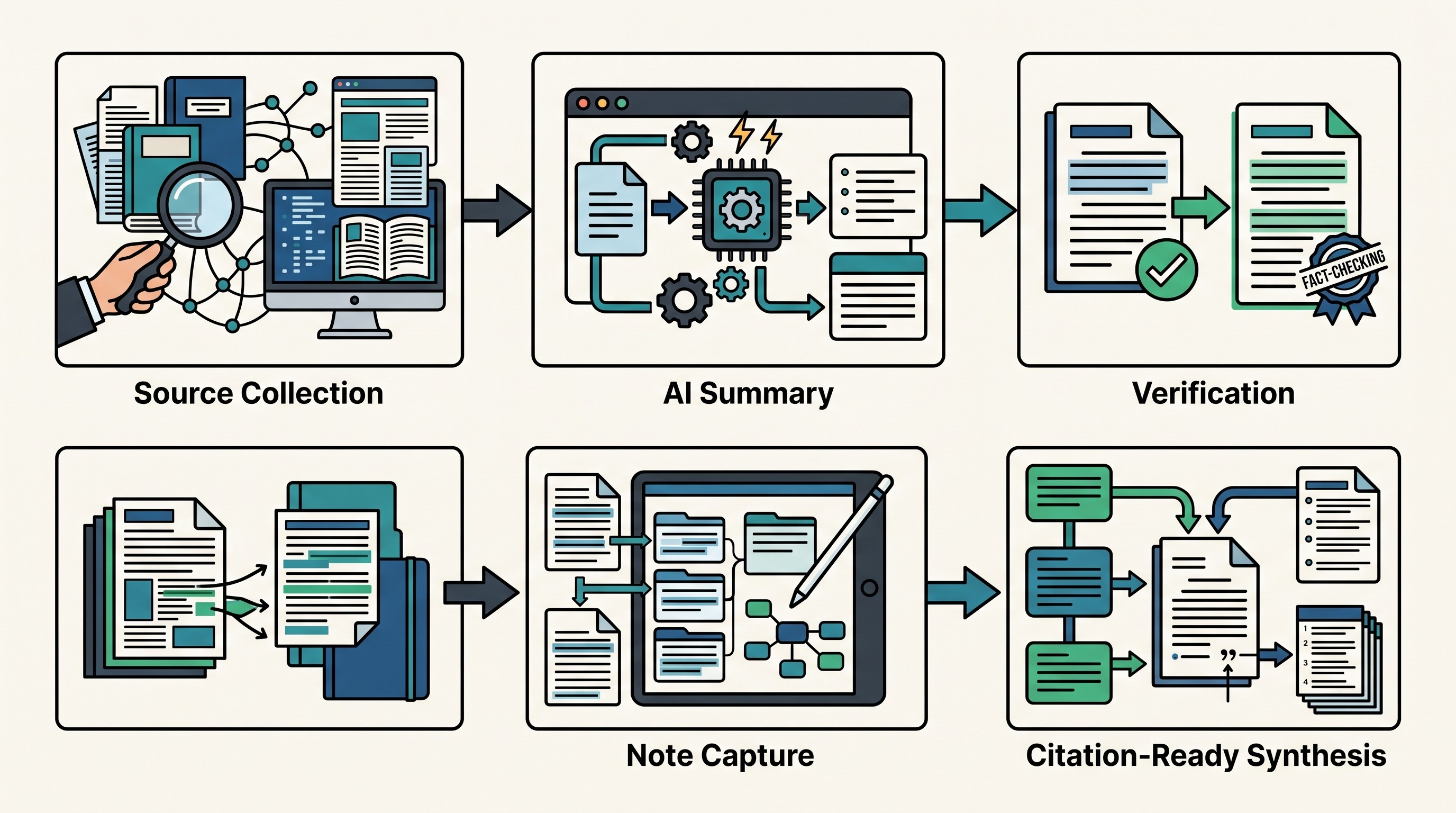 Academic reading workflow from source collection to verified synthesis