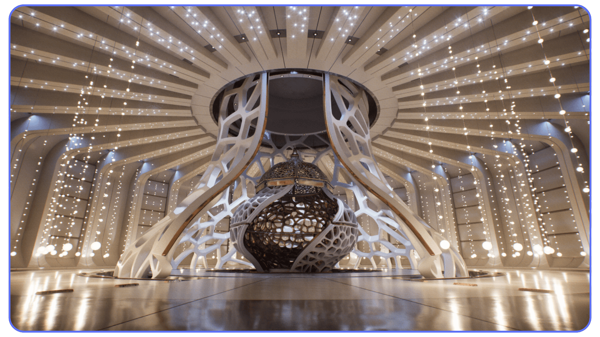 Futuristic interior lit with hundreds of dynamic lights using Unreal Engine 5.7 MegaLights, featuring intricate geometric structures and soft reflections.