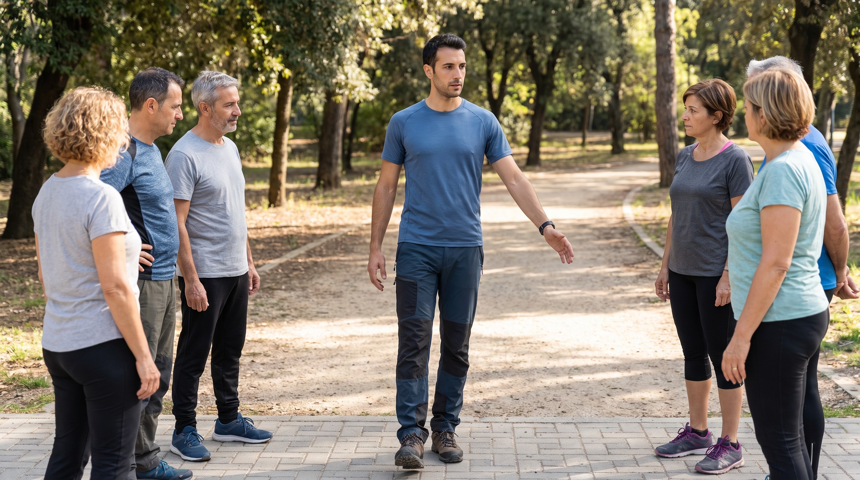 Gruppo di adulti cammina all'aperto con istruttore AIF certificato Walking