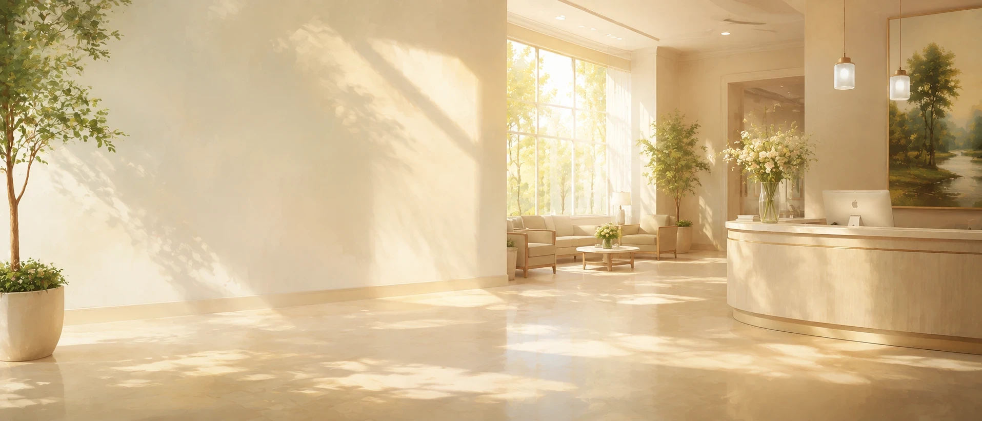 A quiet waiting room with two chairs and a potted plant