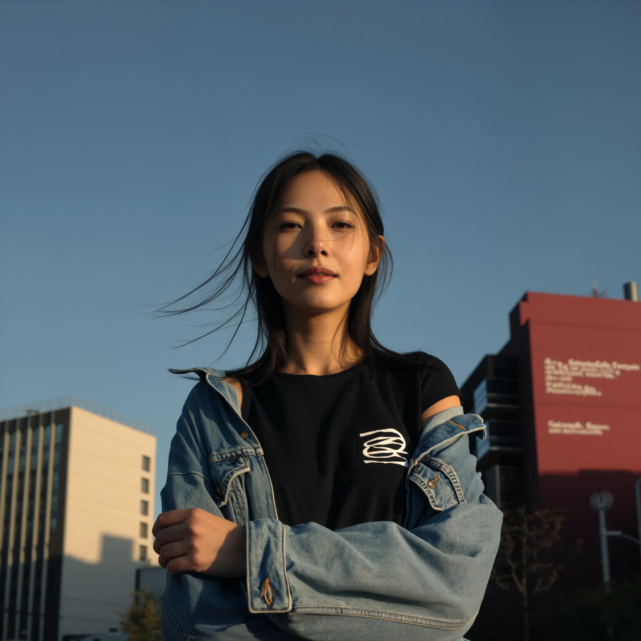 Weibliches KI-Model in Jeansjacke vor urbaner Kulisse im warmen Abendlicht, entspannte Pose und dezenter Streetstyle für moderne, natürliche Ausstrahlung.