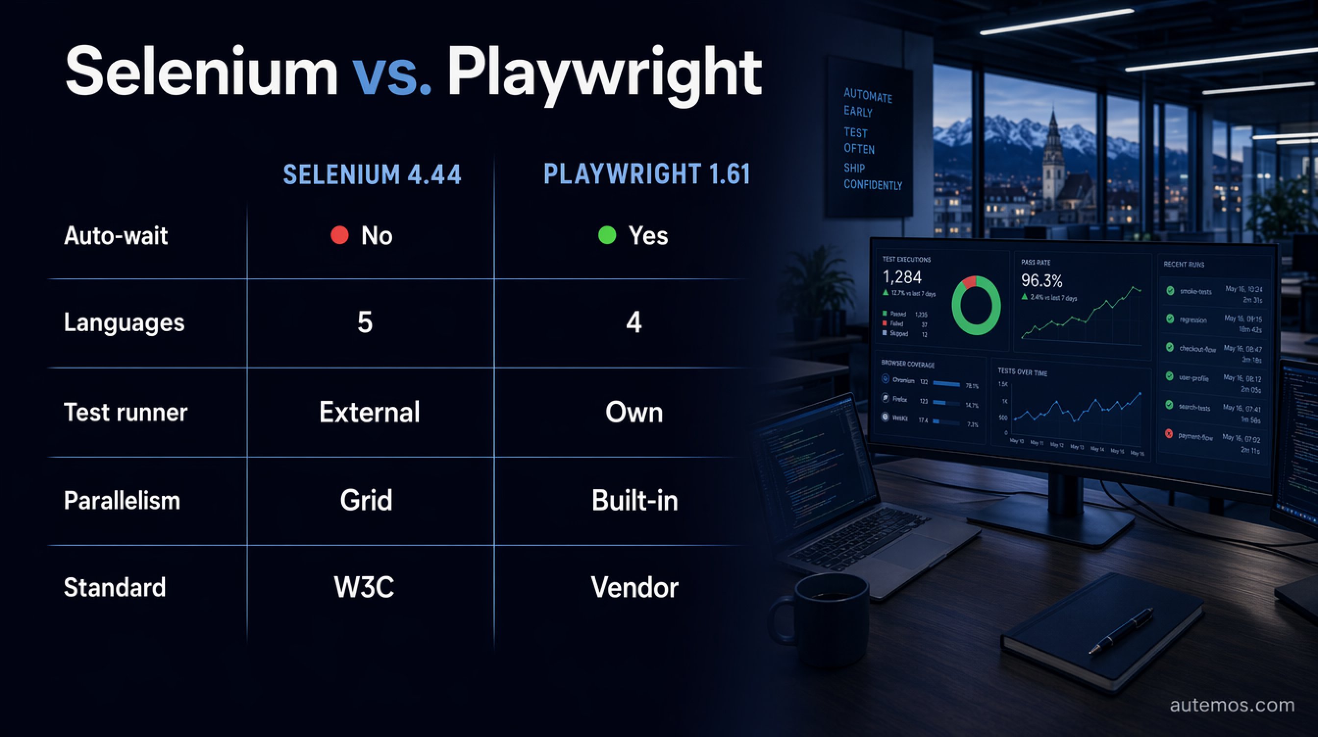 Head-to-head matrix Selenium 4.44 vs. Playwright 1.61: auto-wait, languages, test runner, parallelism, standard.