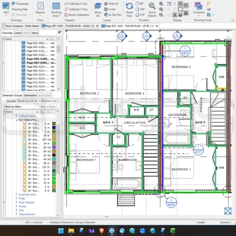 screenshot of CostX measurement software showing building plans being measured for painting takeoff by SubsQS Ltd