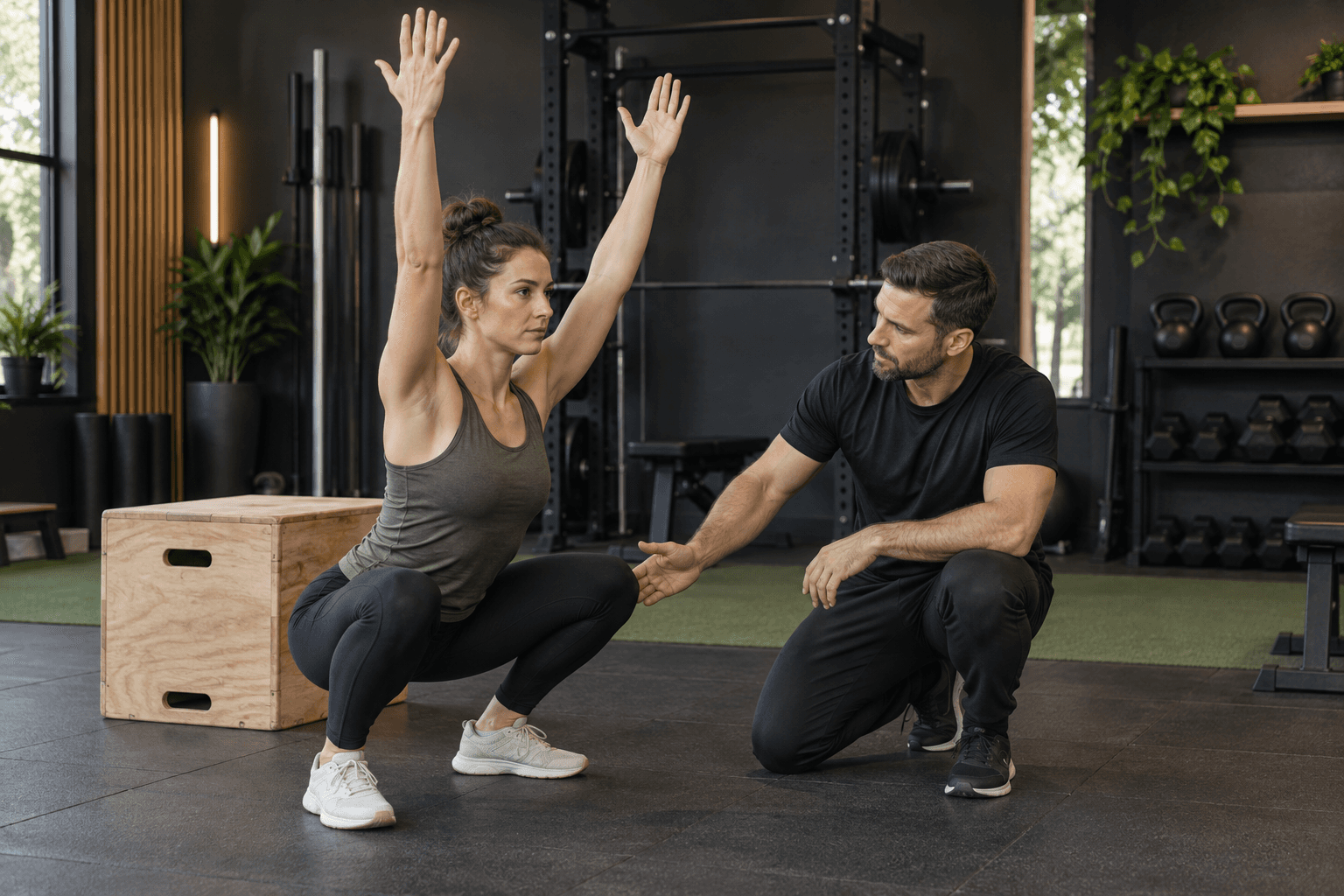 Coach guiding a client through a one-to-one movement assessment