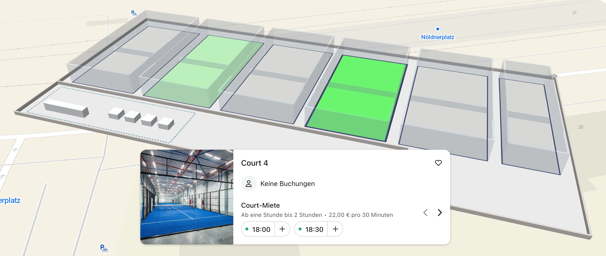 anny 3D-Karte mit freien Padel-Courts und ausgewähltem Court 4