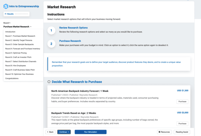 Screenshot of round 1 of the Entrepreneurship Simternship.