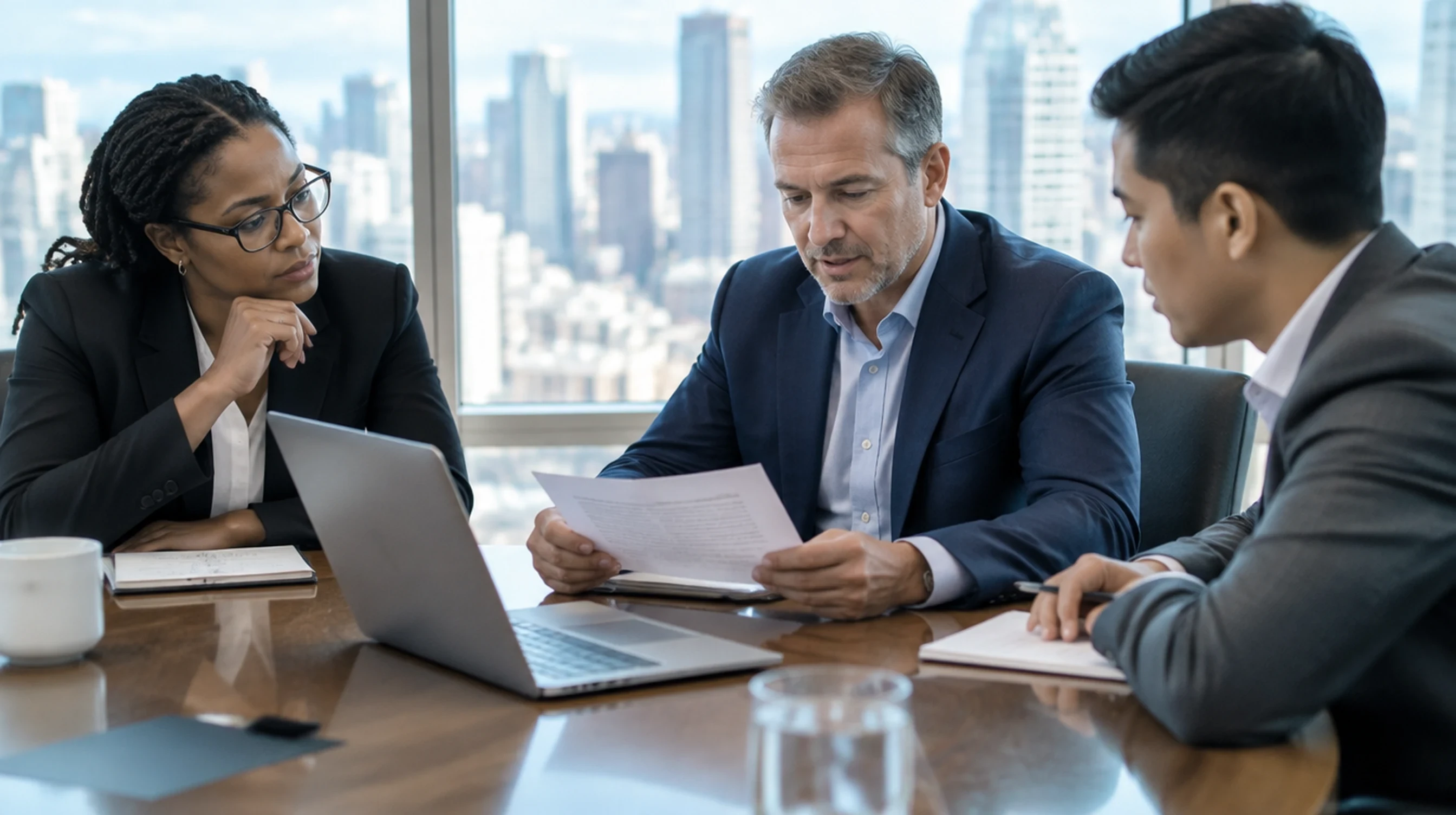 Corporate finance team reviewing a tax credit term sheet in a conference room