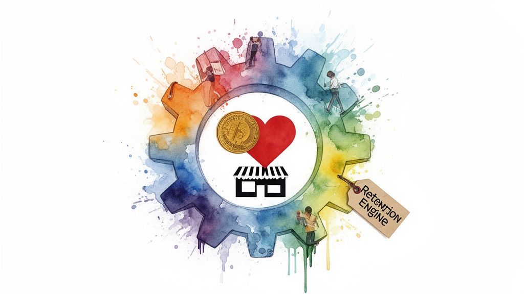 Colorful gear illustrating customer retention with bitcoin, heart, store, and people working on it.