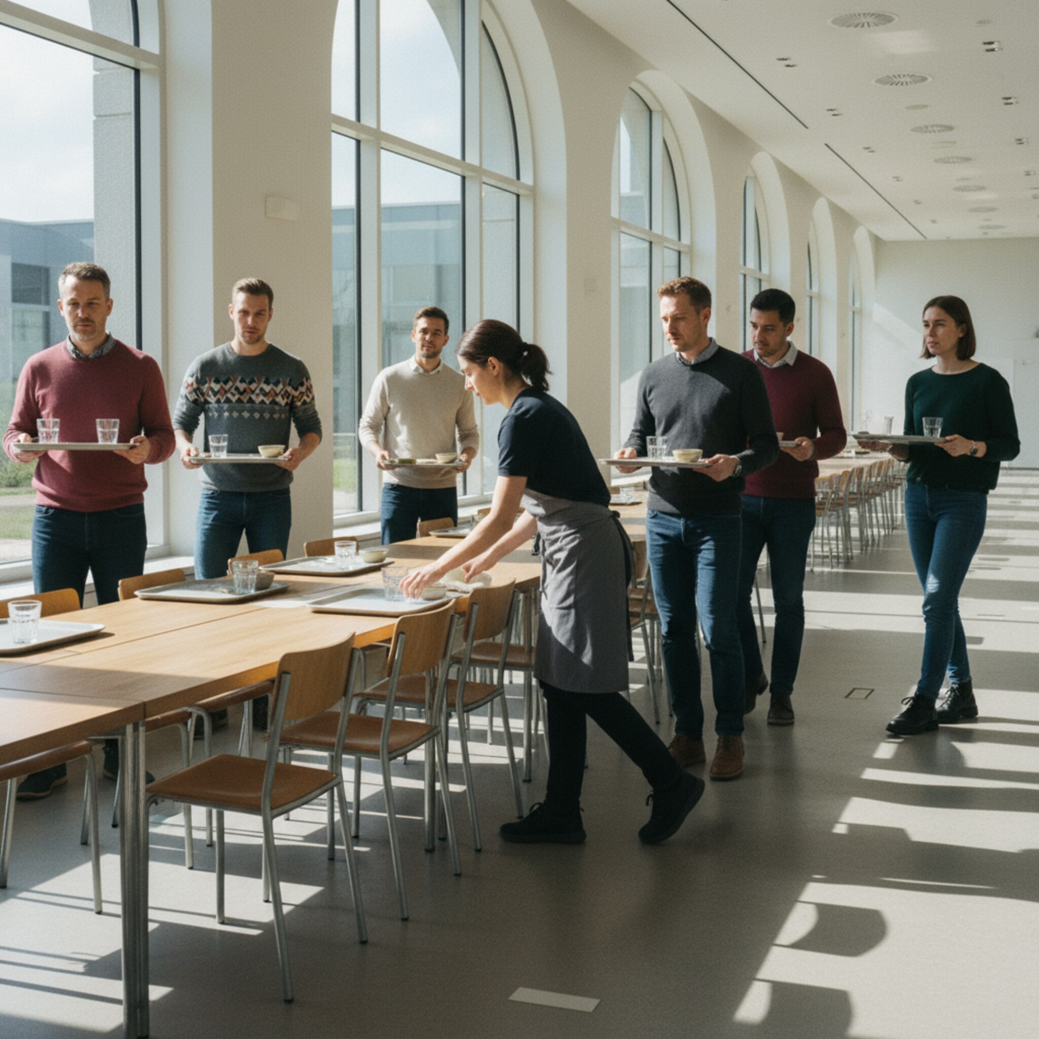 Mittagslicht fällt auf einen großen Kantinentisch, an dem eine Gruppe aufsteht, während die nächsten Gäste bereits mit Tabletts warten. Eine Mitarbeiterin wischt die Platte ab und rückt Stühle zurecht. Im Hintergrund bleibt ein Bereich frei, um Gäste zu lenken. Die Szene zeigt fließenden Wechsel ohne Gedränge.