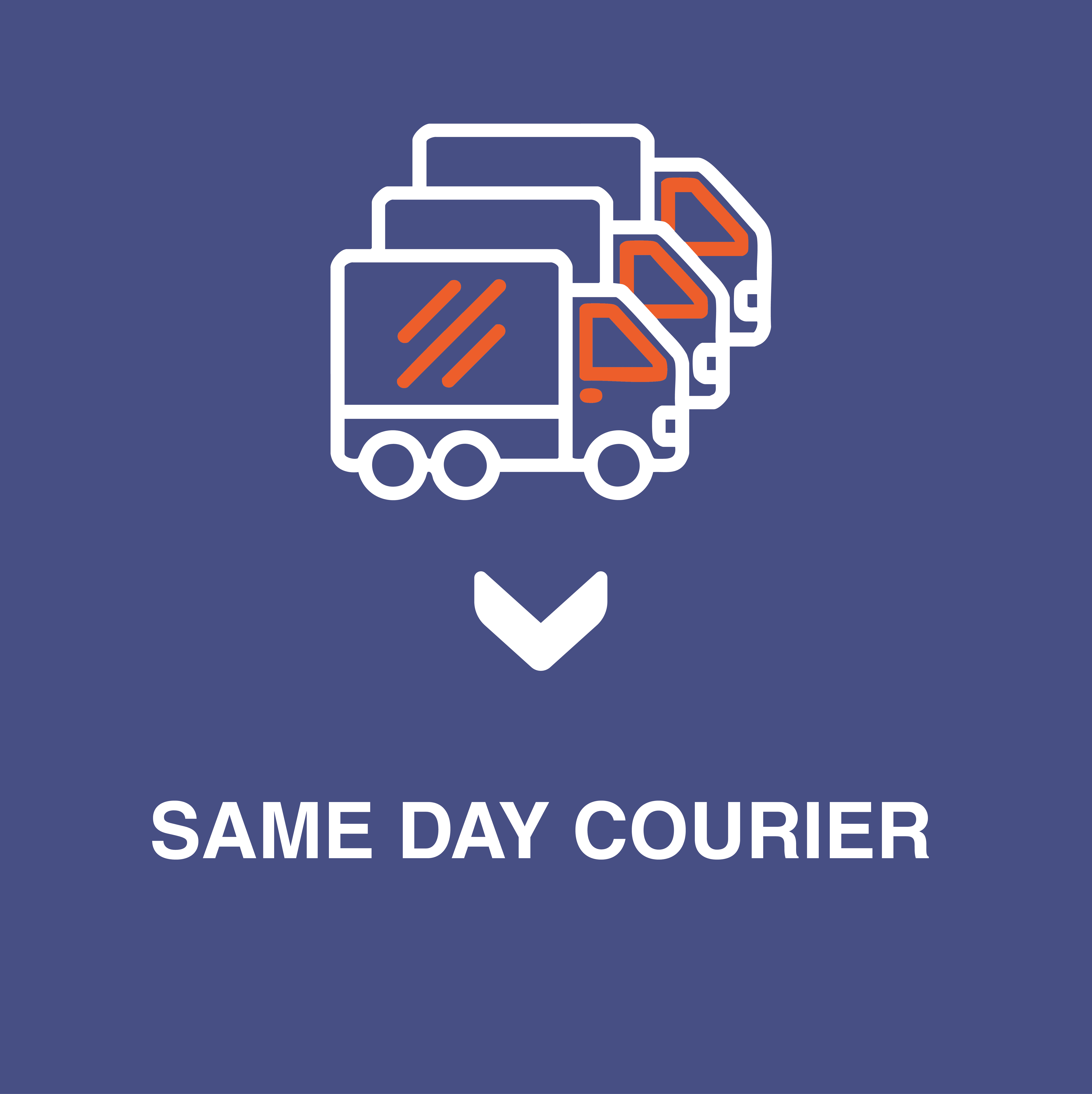 icon of three white trucks lined up diagonally on a blue background with white texts that says same day courier