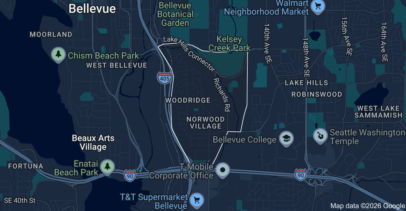 Map showing the Woodridge neighborhood in Bellevue WA near I-90 and Factoria.