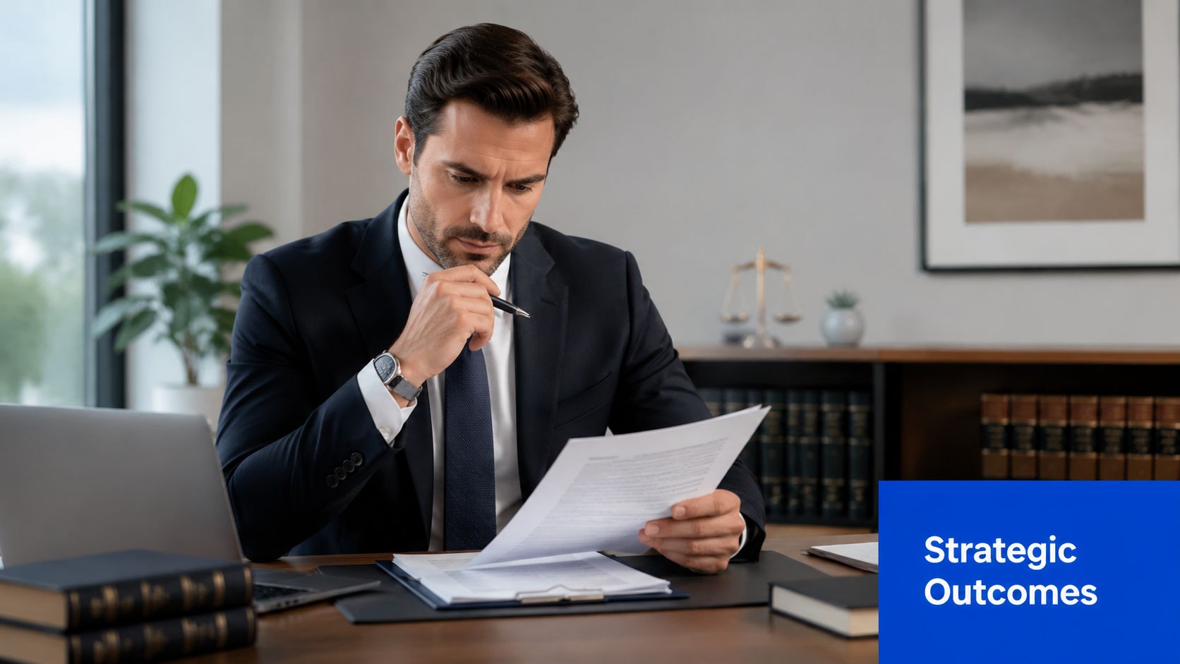 A professional lawyer in a suit reviewing legal documents at his desk in an office.