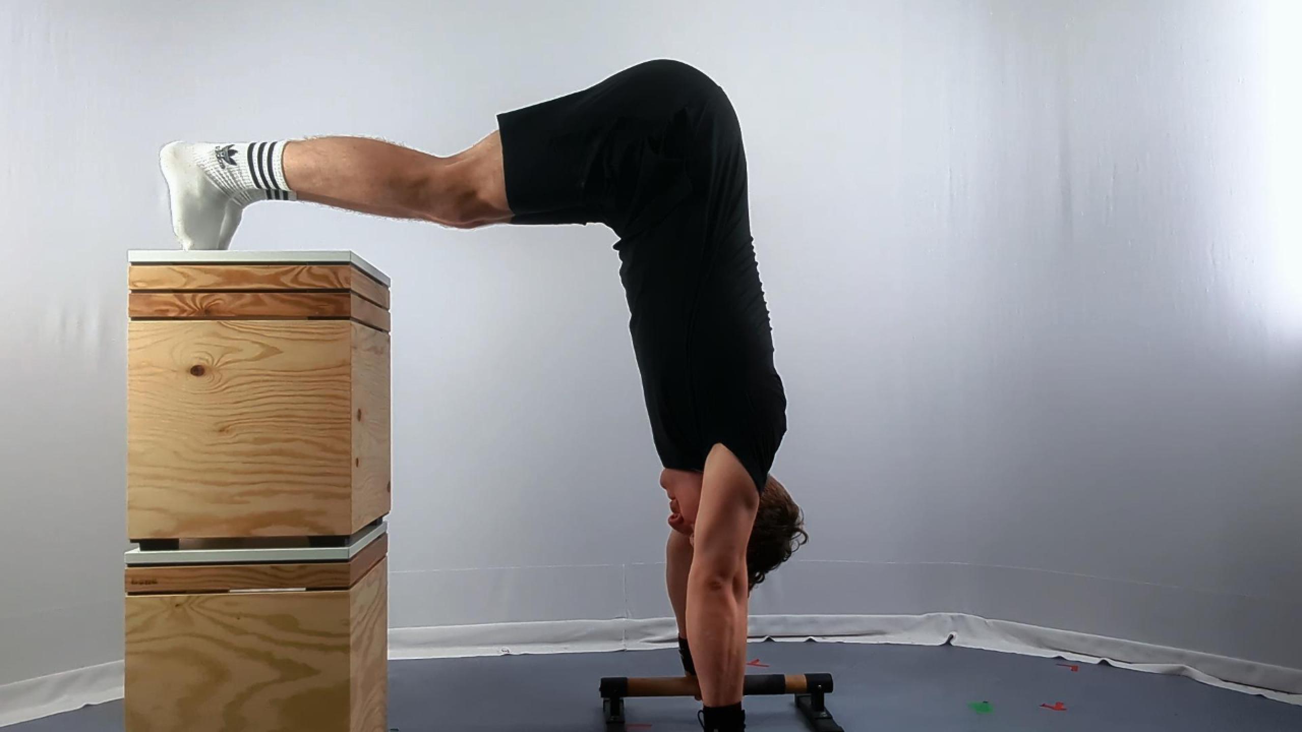 A man performing a high decline pike push-up with his feet elevated on a wooden box, showcasing advanced upper body strength and balance in a fitness setting. Calisthenics