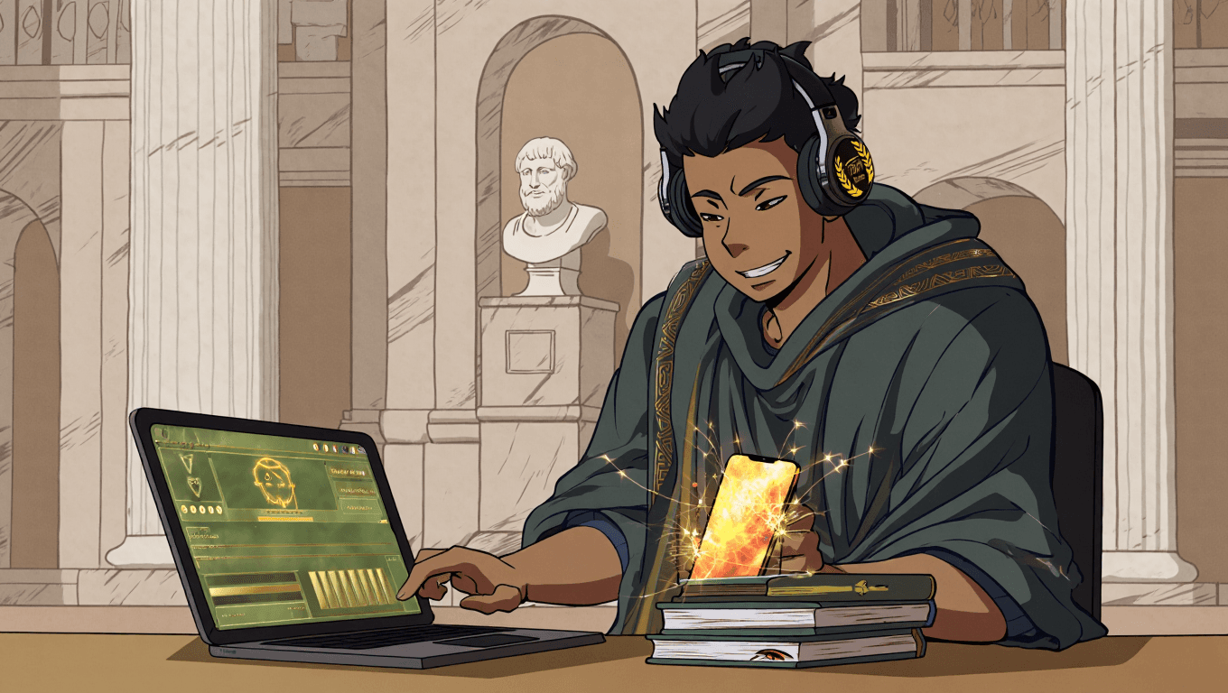 Joyful student studying with a modern laptop and books