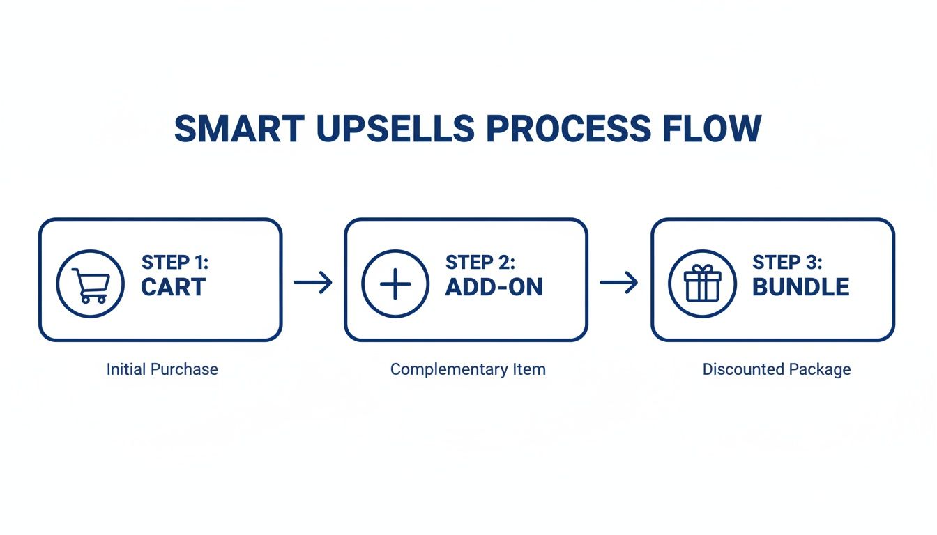 Diagram showing smart upsells process flow: cart for initial purchase, add-on for complementary item, and bundle for discounted package.