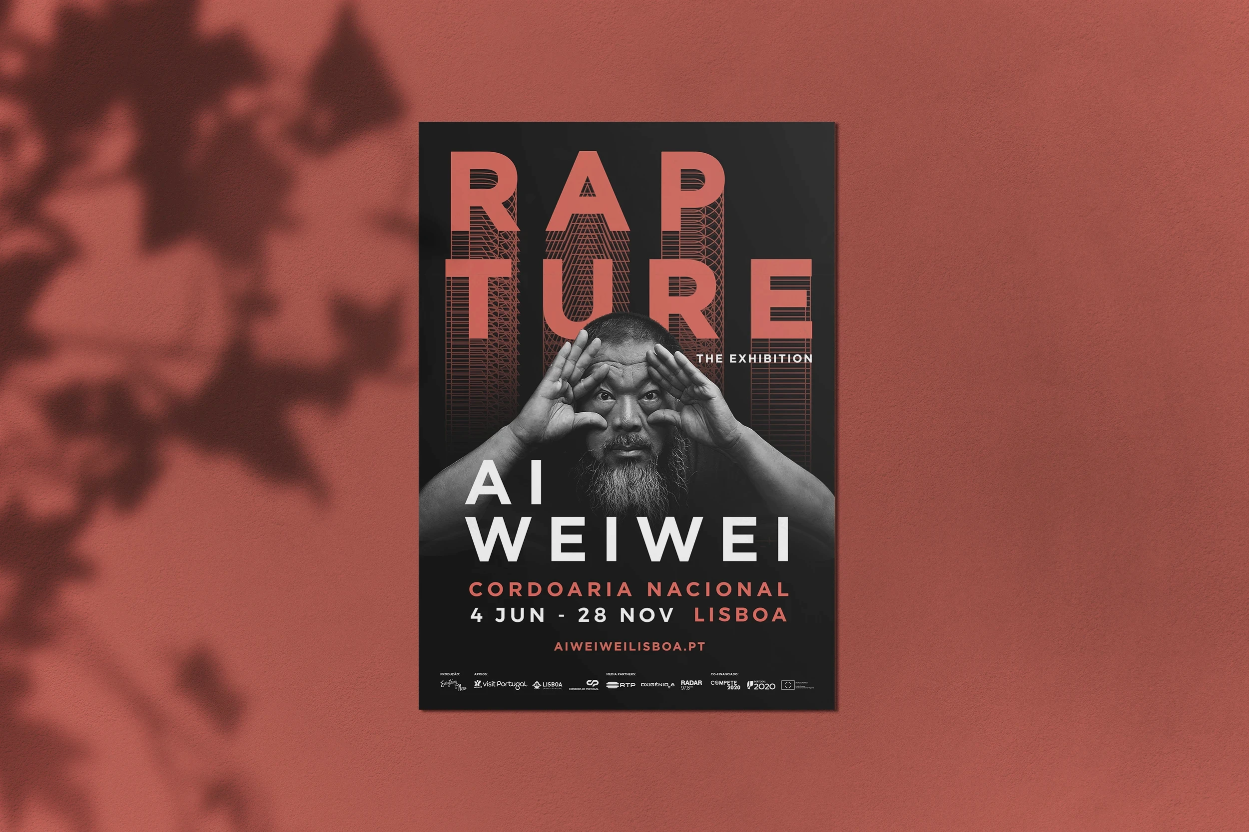 Poster design for “Rapture – The Exhibition” featuring Ai Weiwei portrait and bold typography.