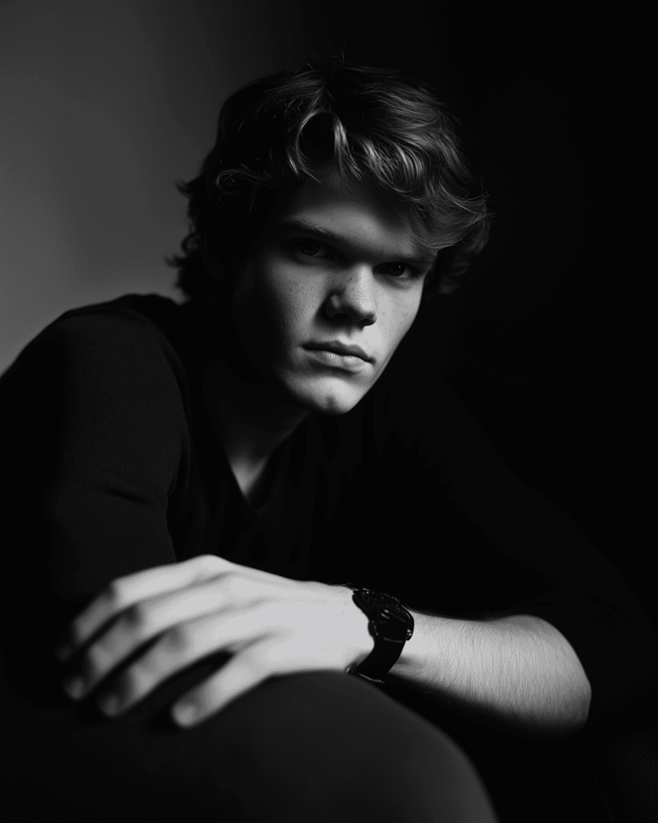 A black and white image of a man folding his hands