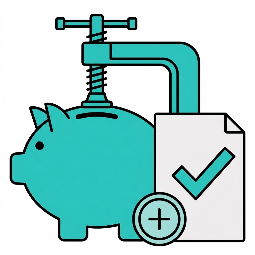 Icon für Kostenkontrolle: Dokument mit Haken, Geldstapel in Zwinge und Messschieber am Geldbündel.