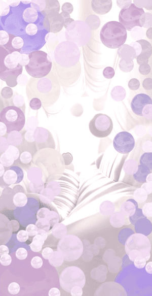 Floating purple spheres drift through a light, ribbed fabric tunnel