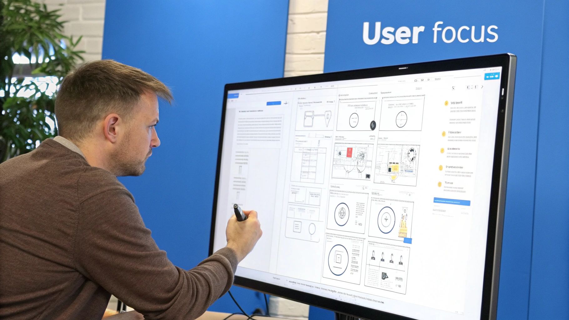 Man using a stylus on a large monitor displaying wireframes and UI designs in an office.